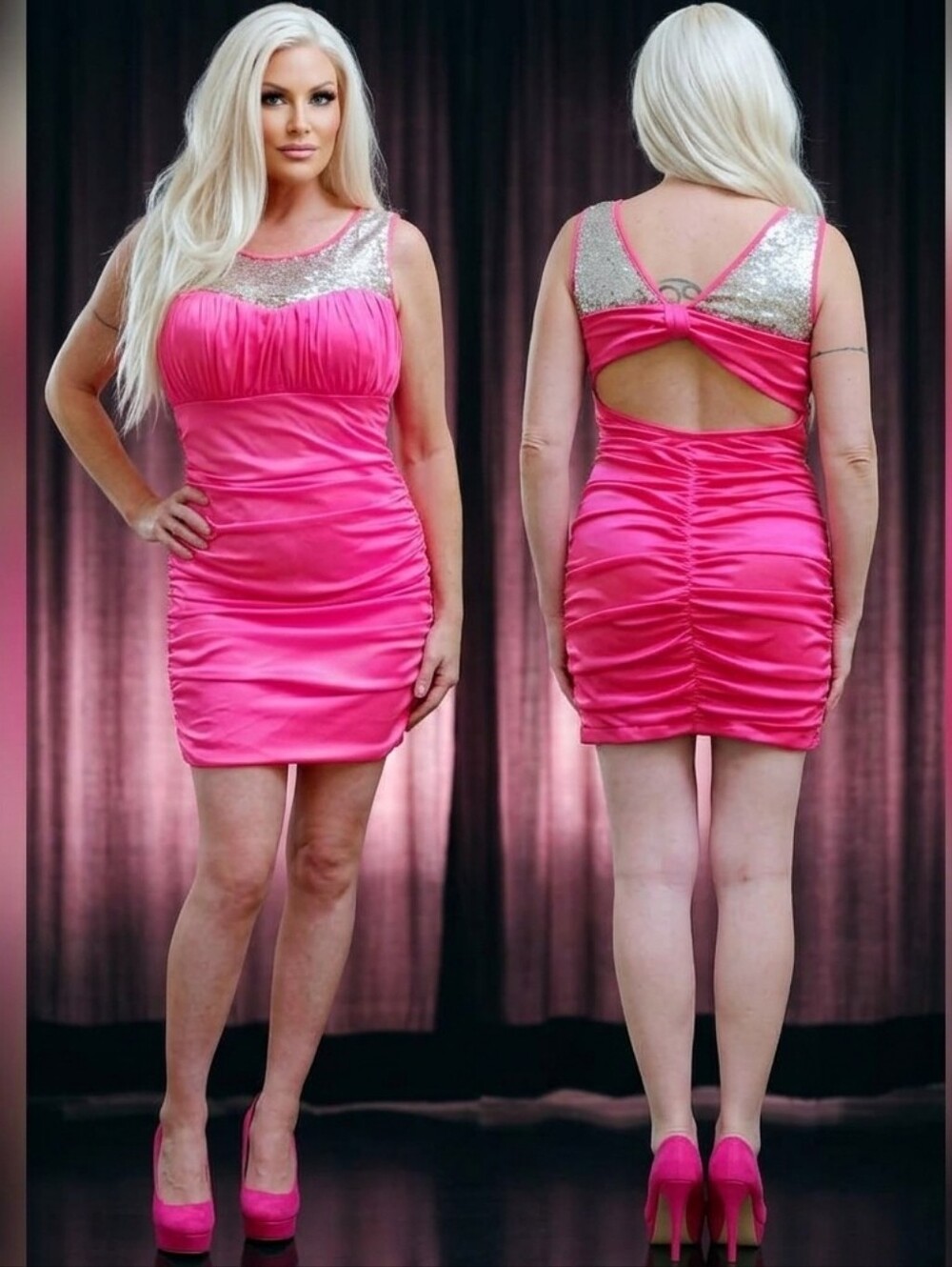 Vtg Roberta bridal hot pink ruched 80s back bow cut out sexy mini dress XL NWOT